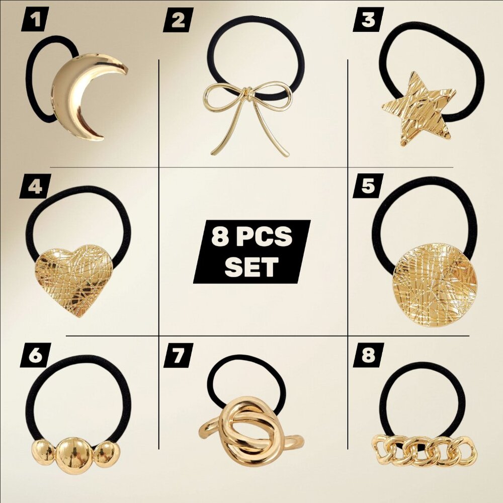 8PCS Gold Hair Ties Set Elastic Ponytail Holders Star Moon Heart Bow Chain Hair